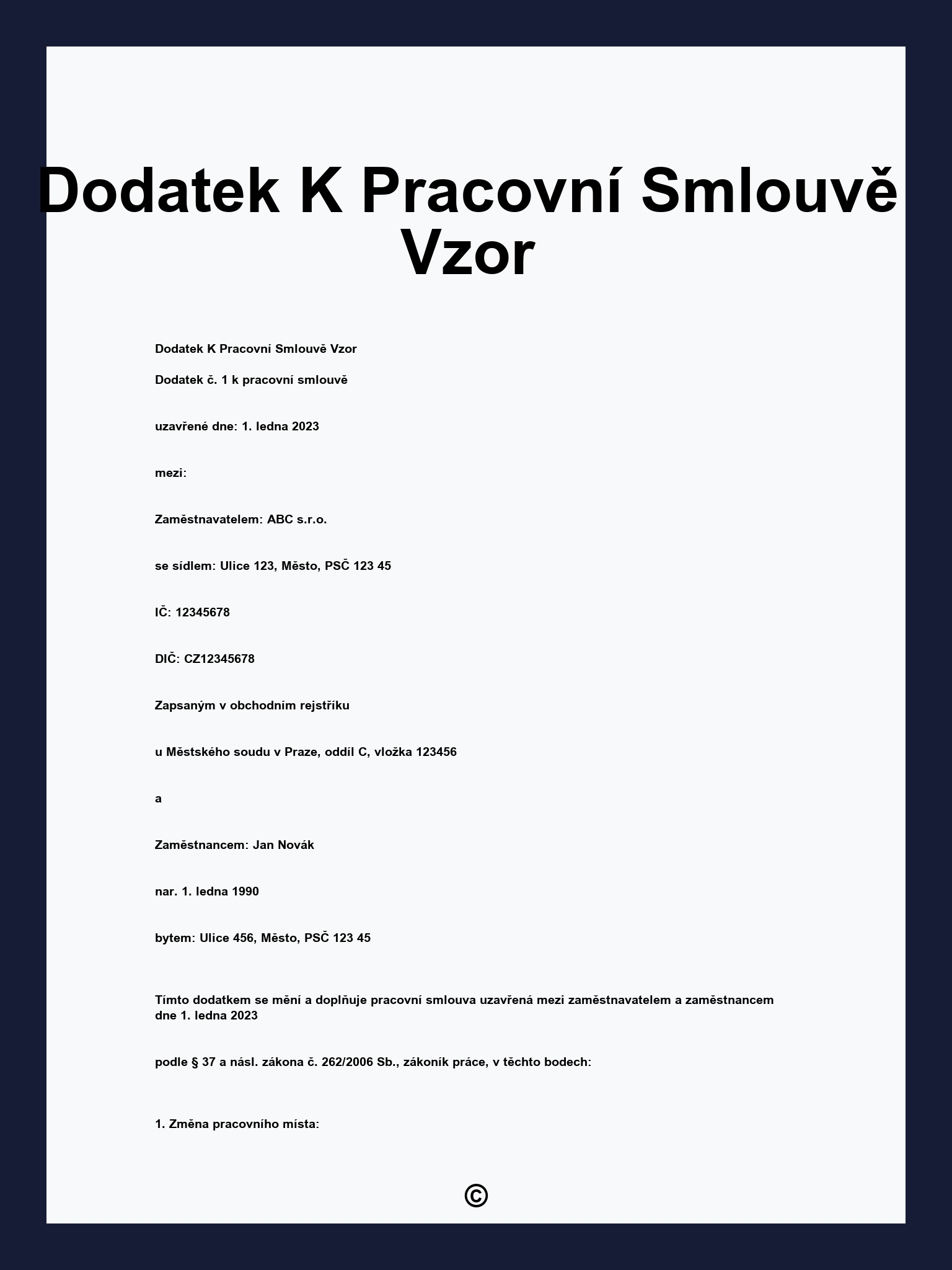 Dodatek K Pracovní Smlouvě Vzor