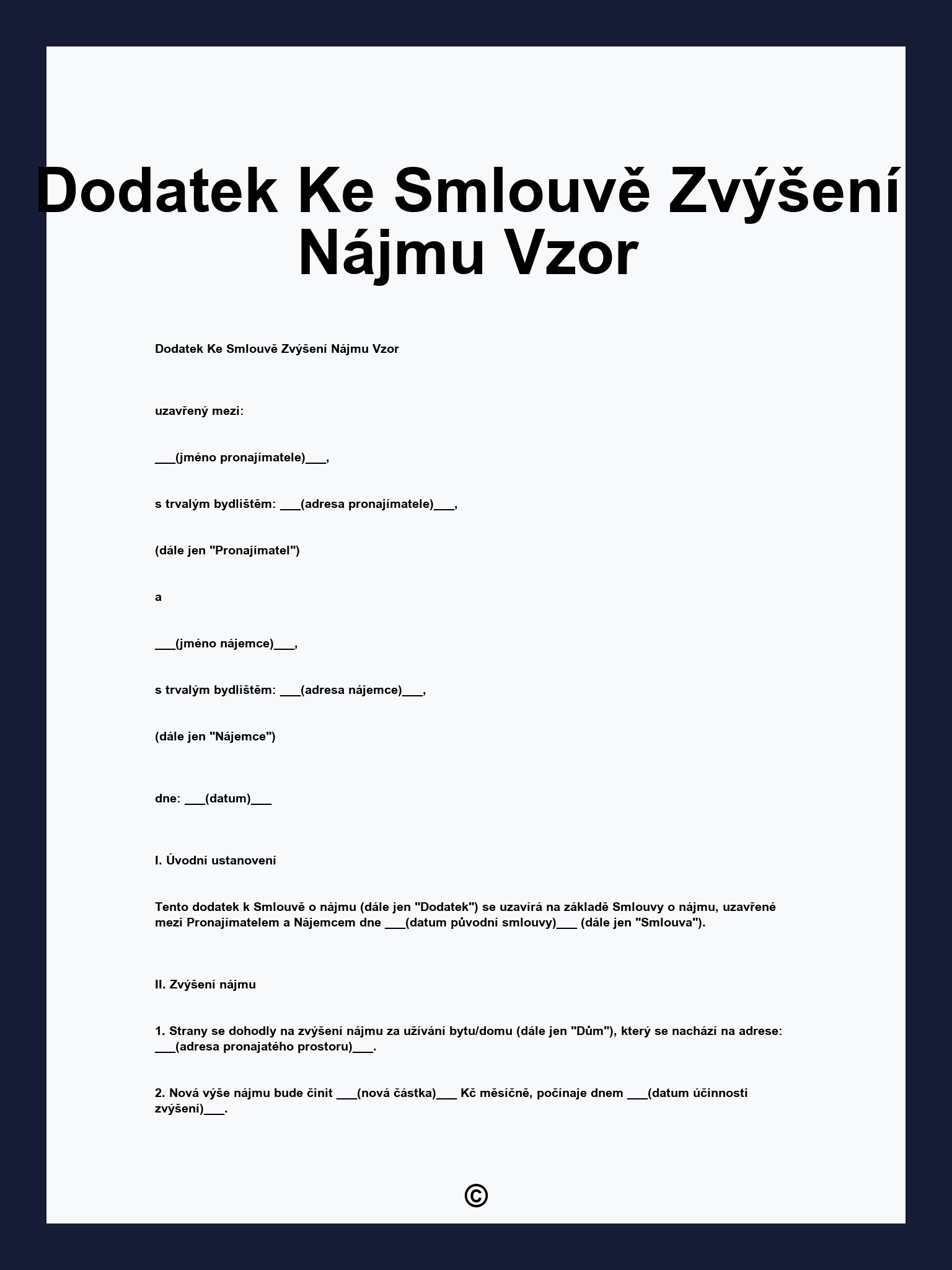 Dodatek Ke Smlouvě Zvýšení Nájmu Vzor