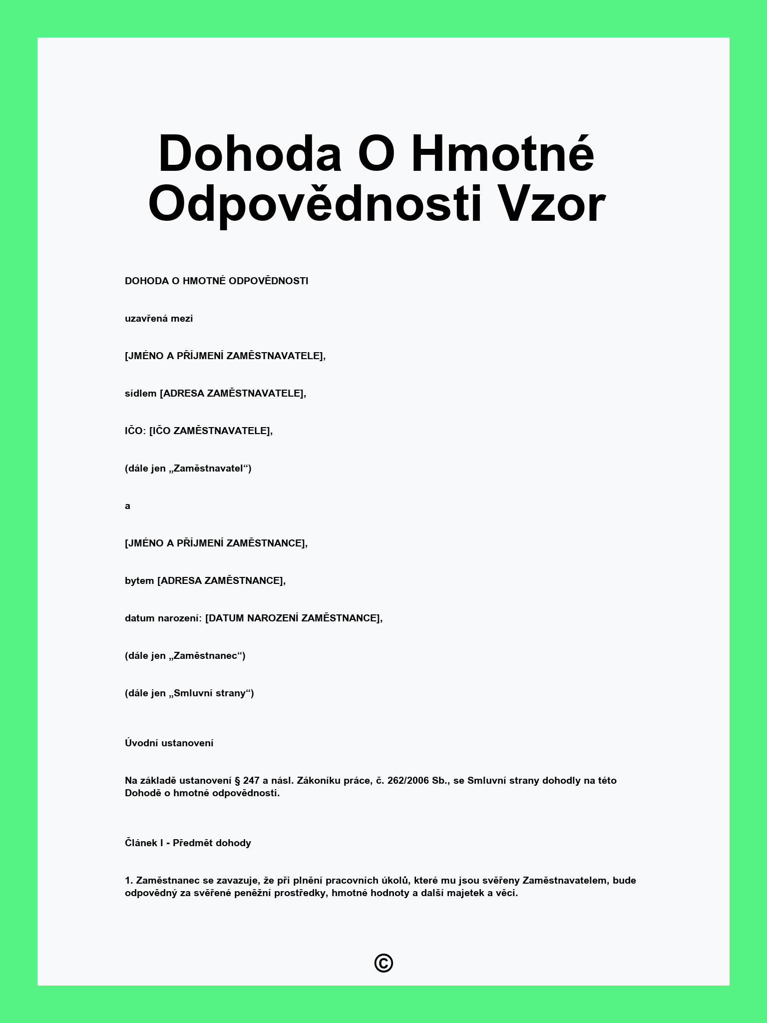 Dohoda O Hmotné Odpovědnosti Vzor