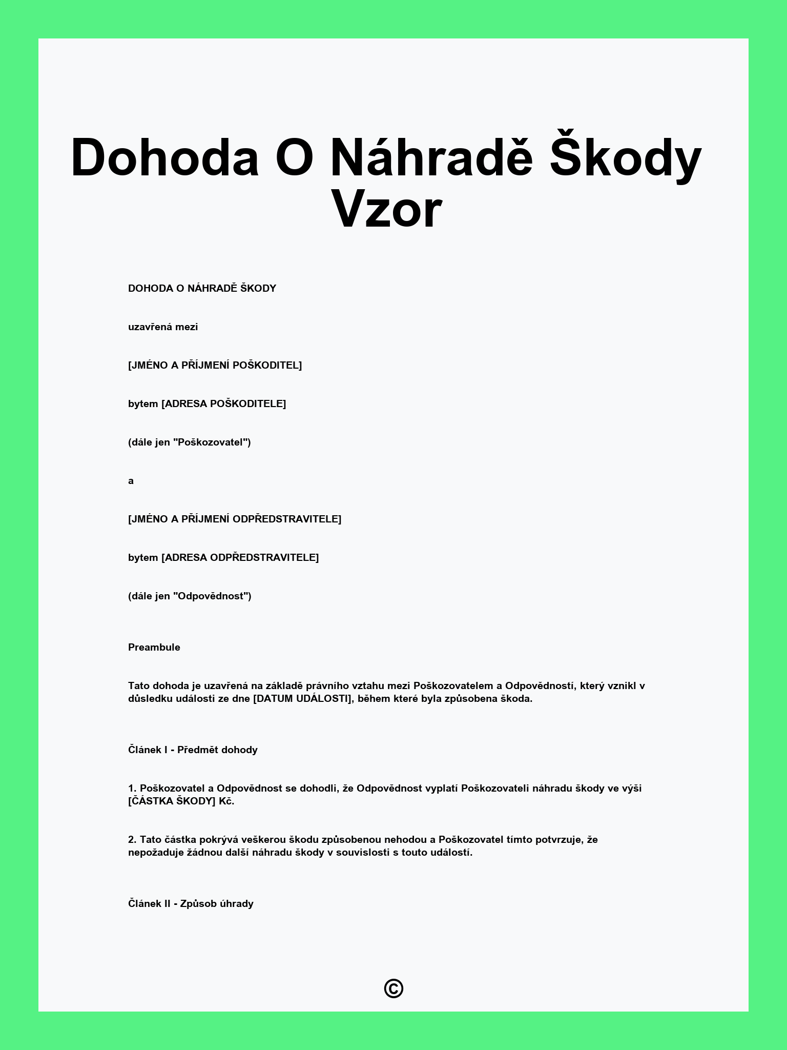 Dohoda O Náhradě Škody Vzor