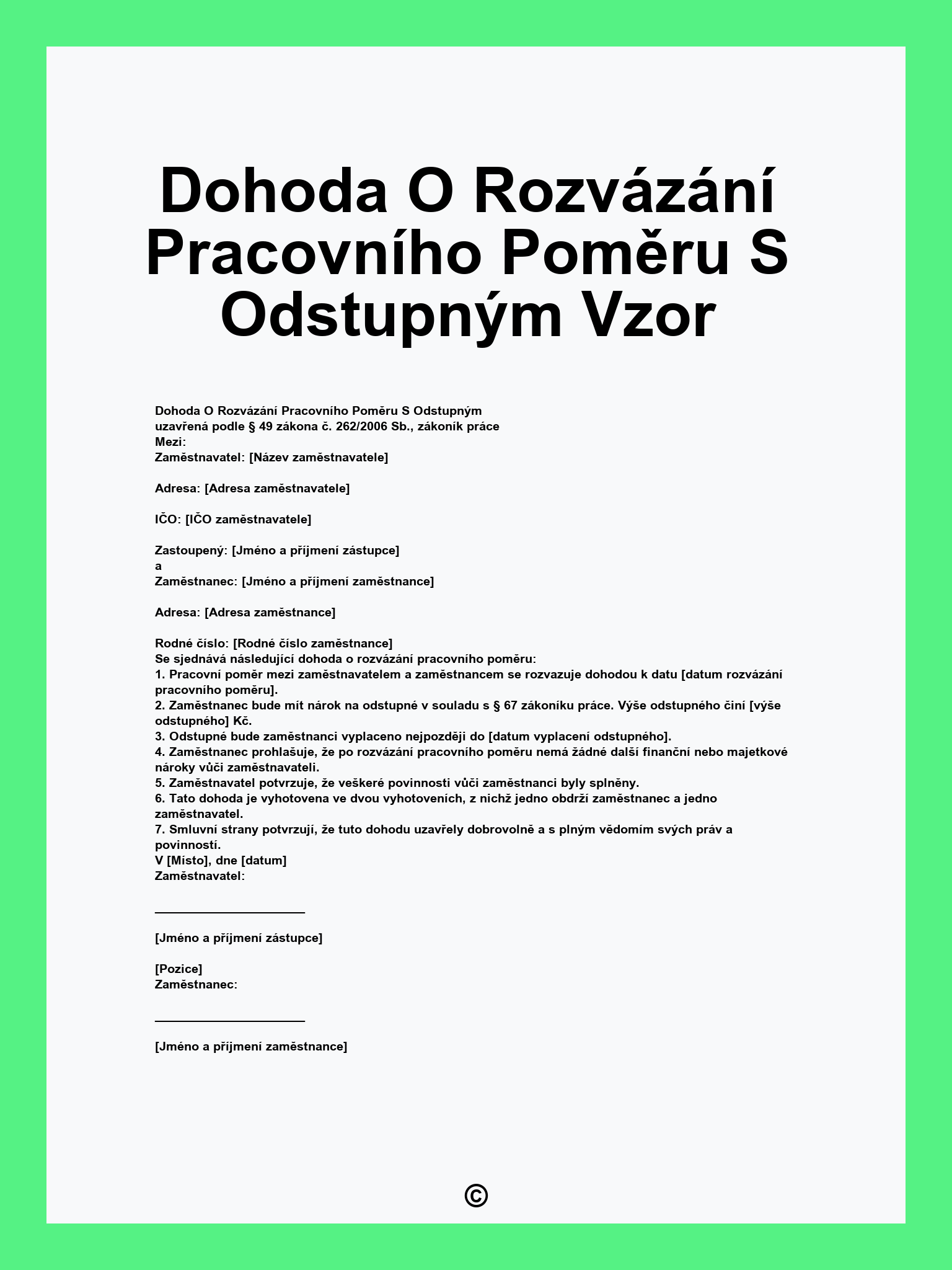 Dohoda O Rozvázání Pracovního Poměru S Odstupným Vzor