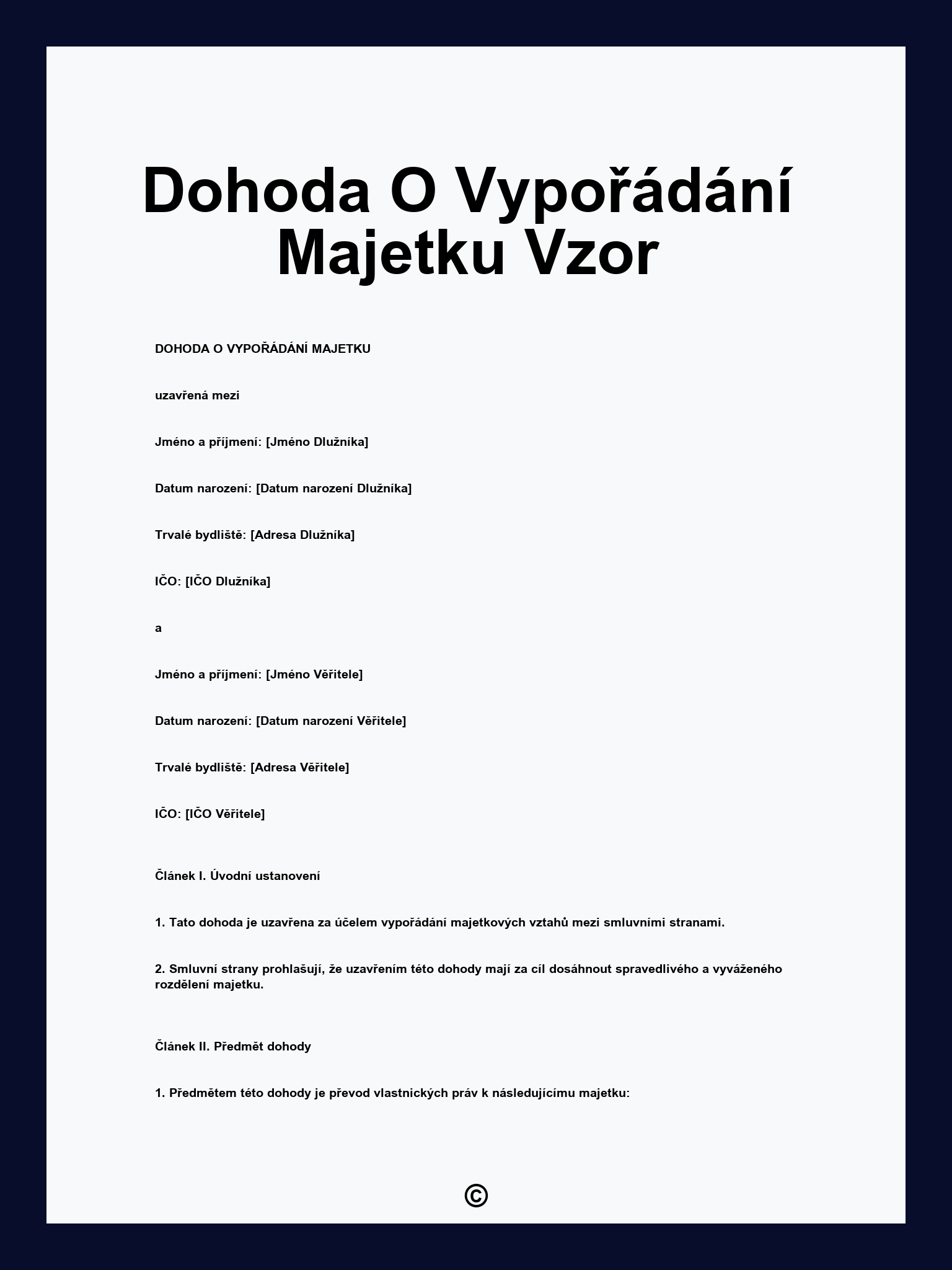 Dohoda O Vypořádání Majetku Vzor