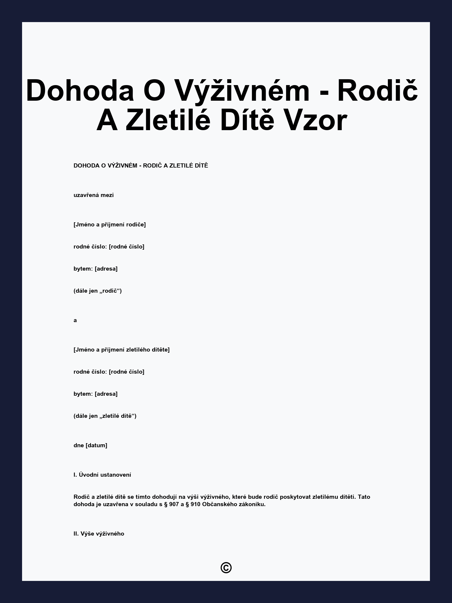 Dohoda O Výživném - Rodič A Zletilé Dítě Vzor