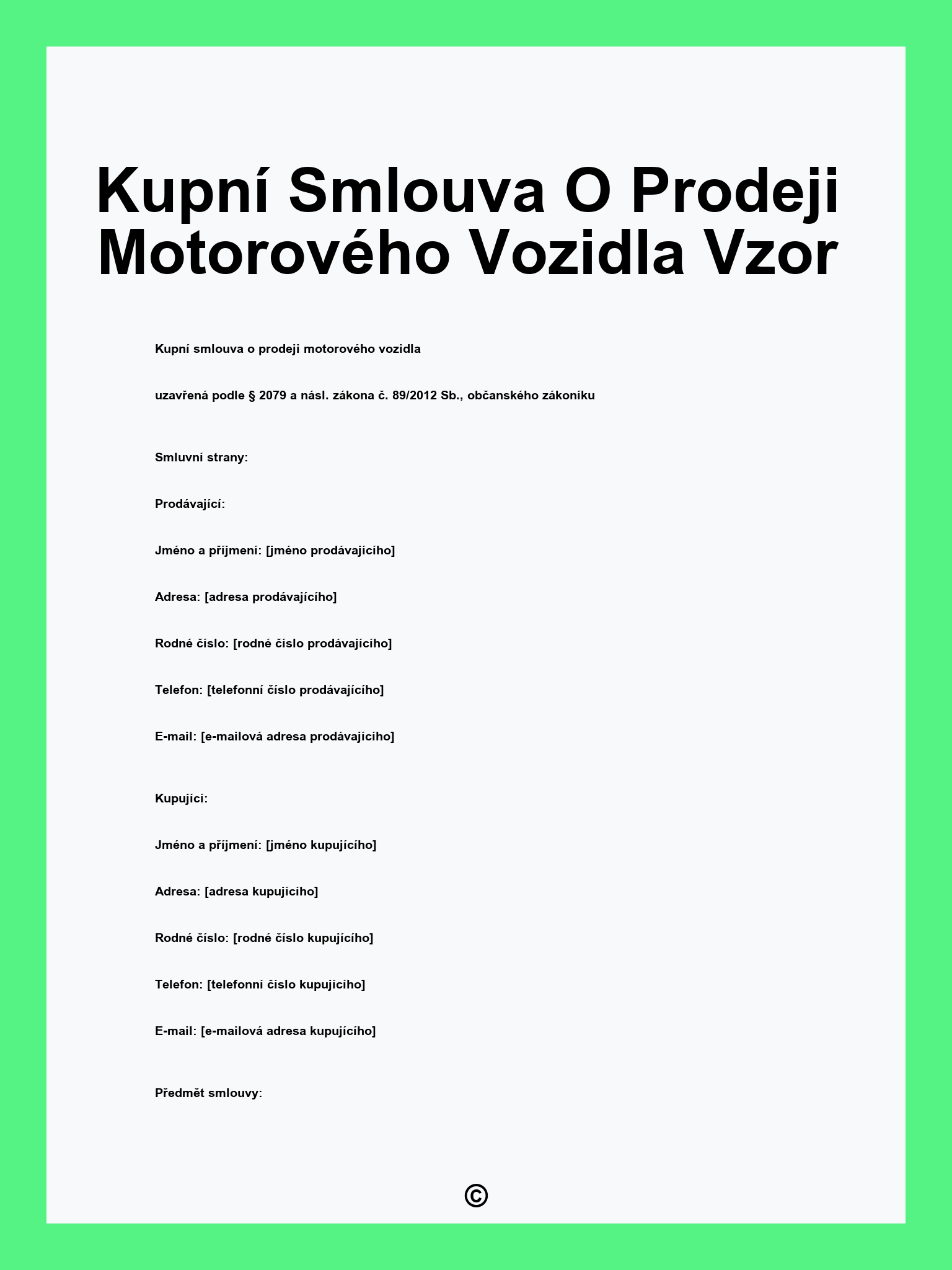 Kupní Smlouva O Prodeji Motorového Vozidla Vzor