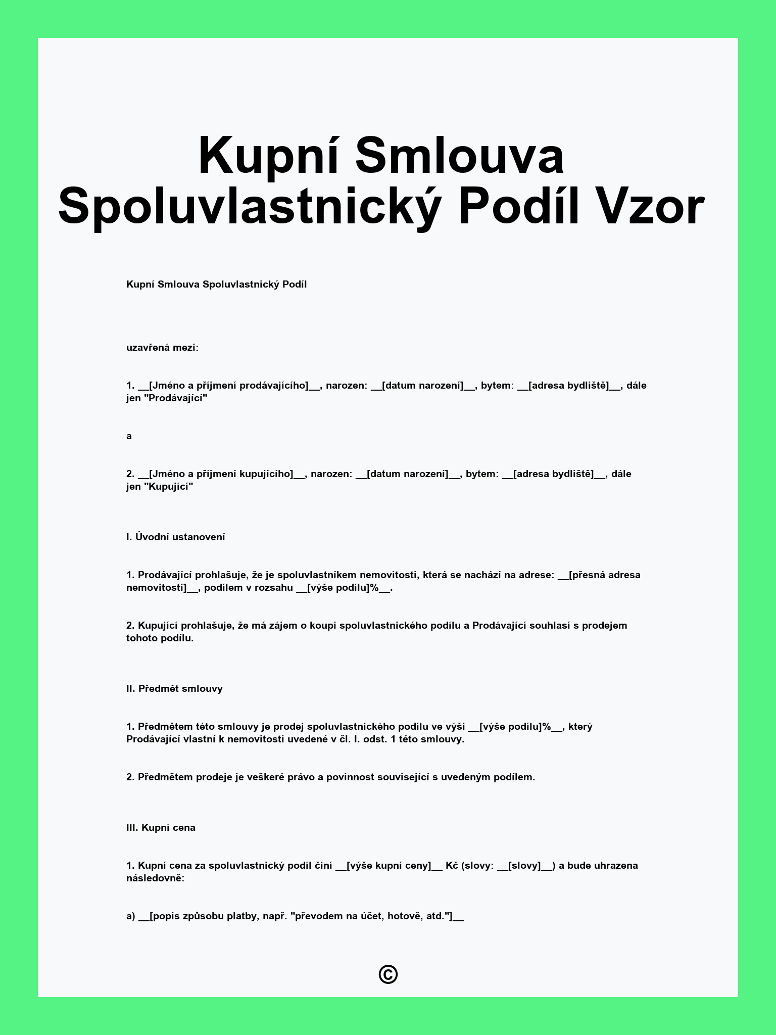 Kupní Smlouva Spoluvlastnický Podíl Vzor
