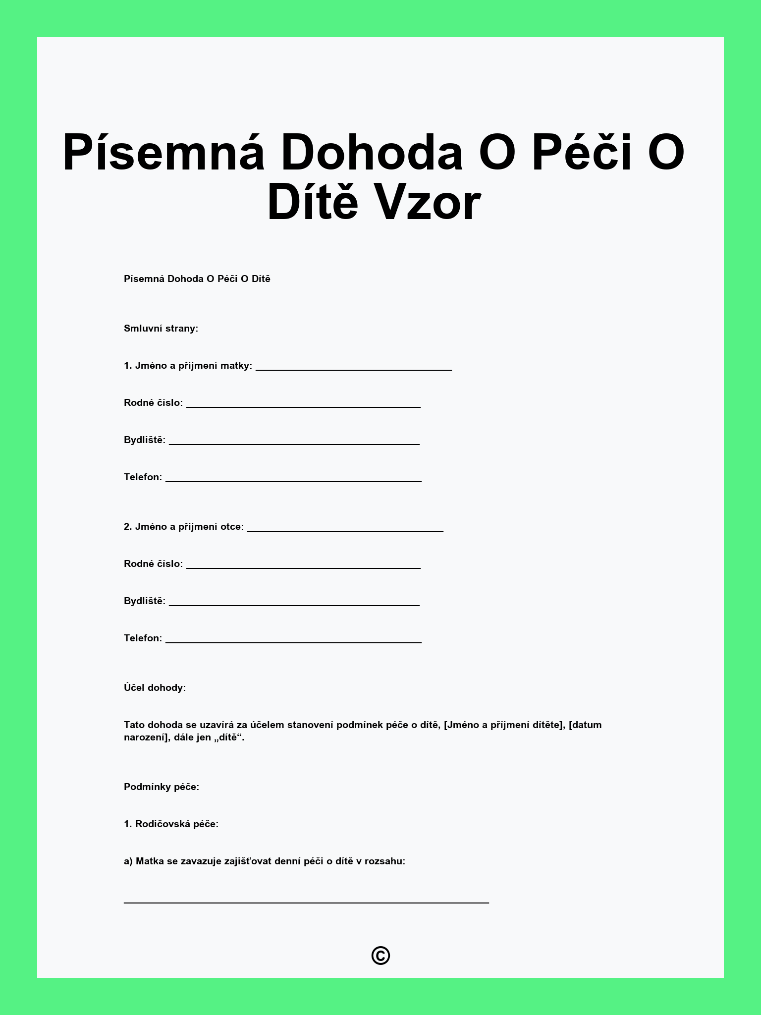 Písemná Dohoda O Péči O Dítě Vzor