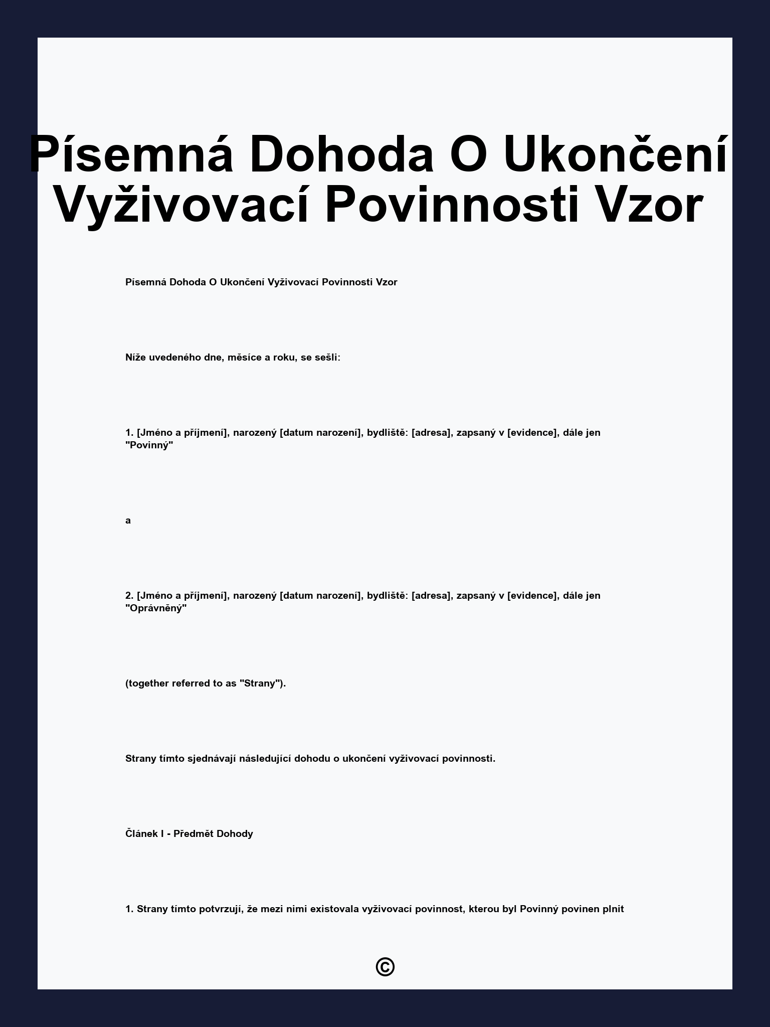 Písemná Dohoda O Ukončení Vyživovací Povinnosti Vzor
