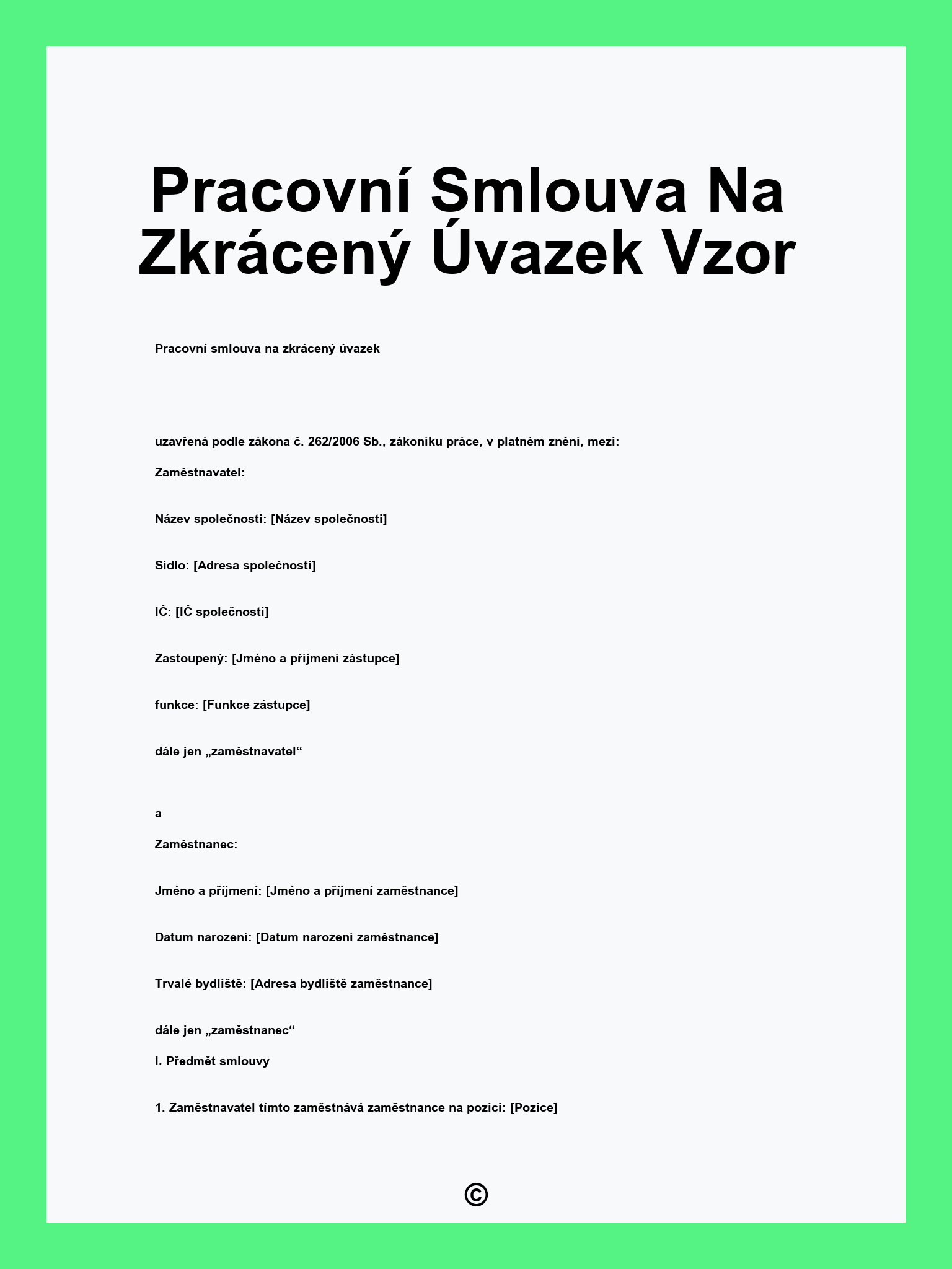 Pracovní Smlouva Na Zkrácený Úvazek Vzor