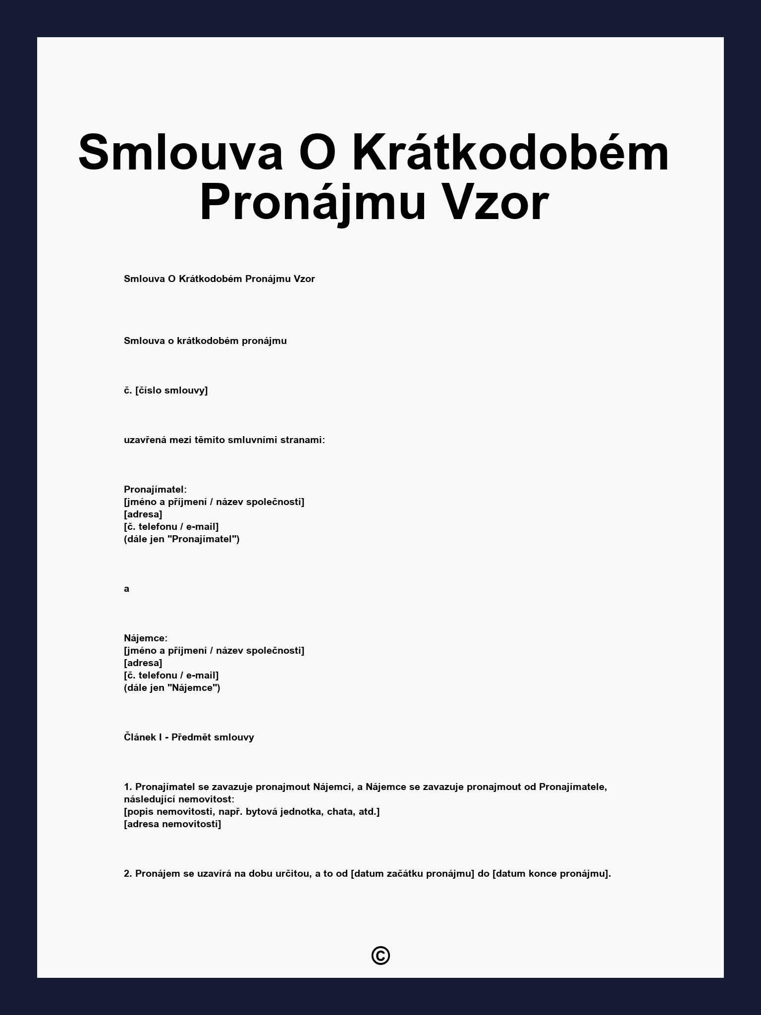 Smlouva O Krátkodobém Pronájmu Vzor
