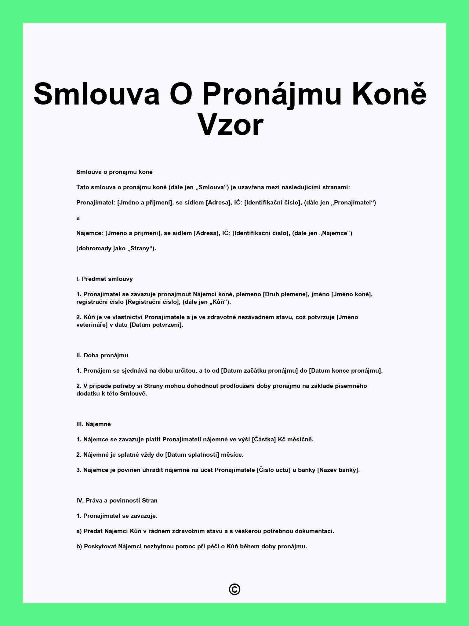 Smlouva O Pronájmu Koně Vzor