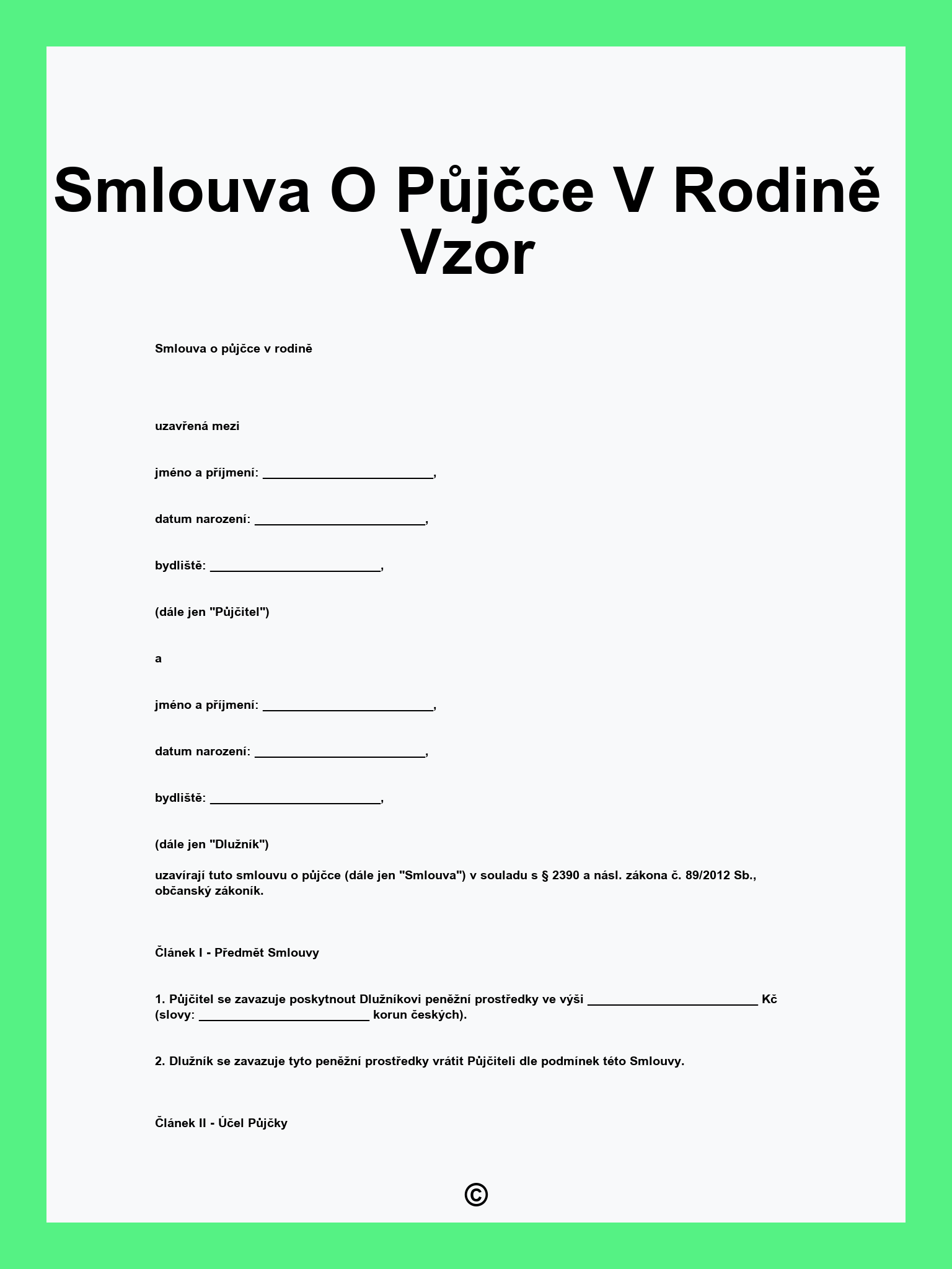 Smlouva O Půjčce V Rodině Vzor