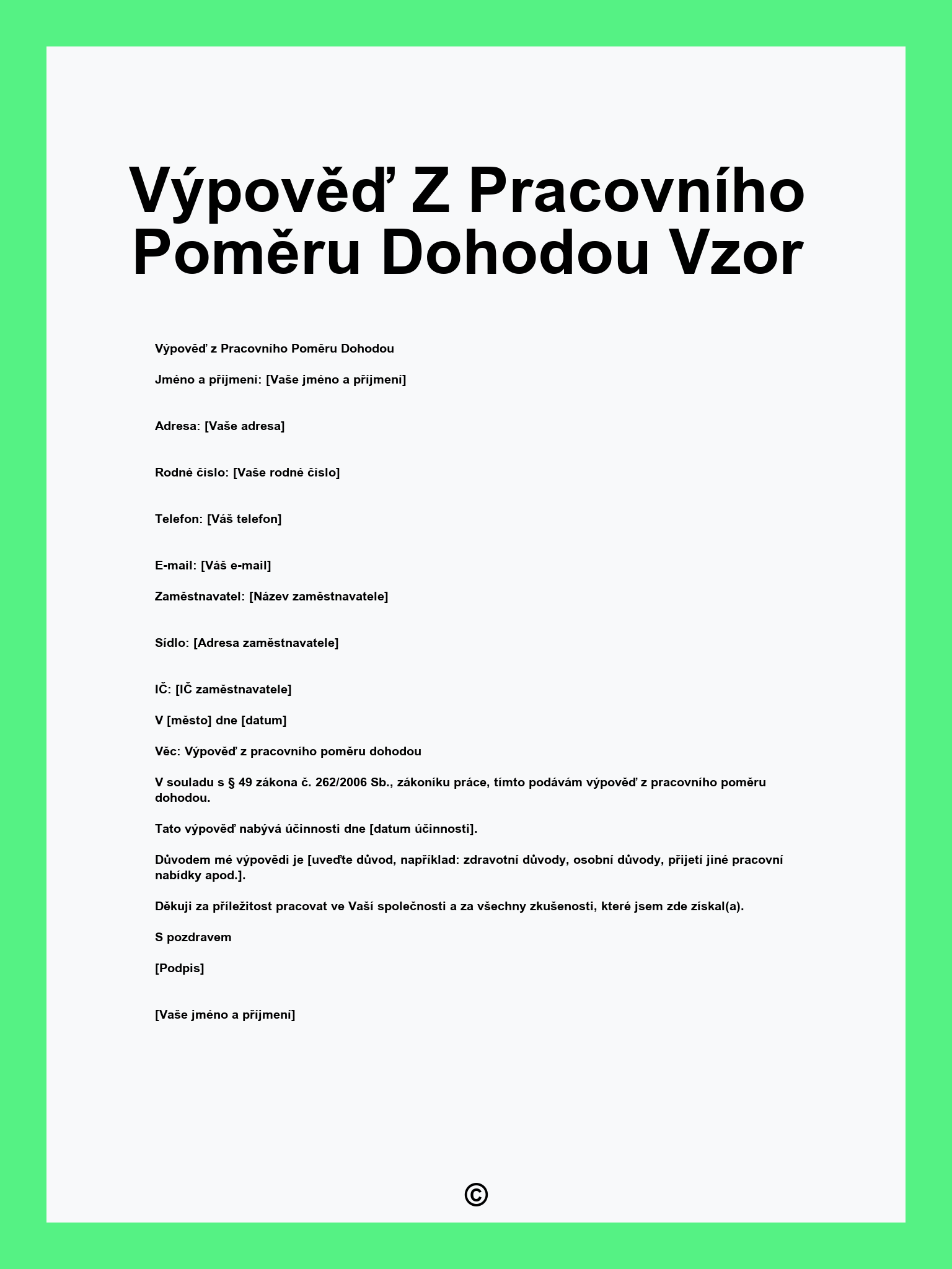 Výpověď Z Pracovního Poměru Dohodou Vzor