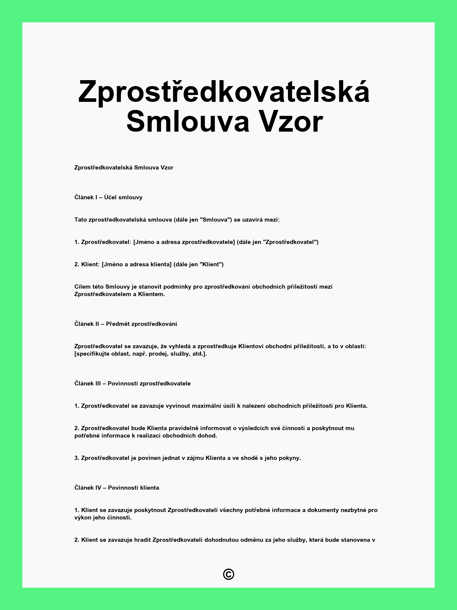 Zprostředkovatelská Smlouva Vzor